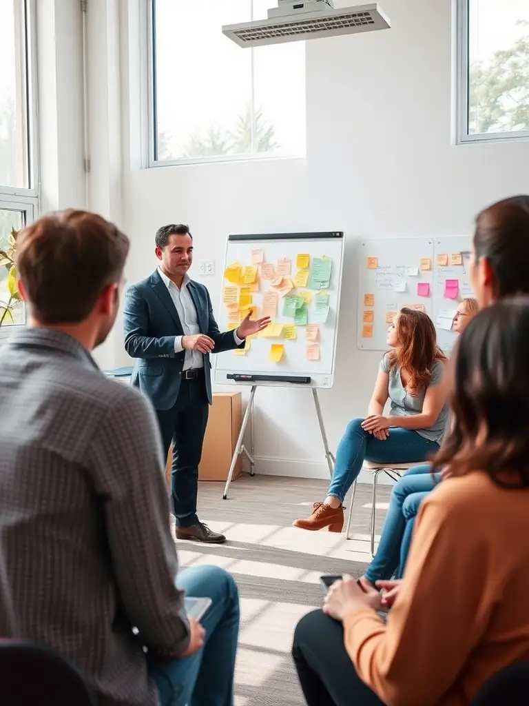 A consultant leading a workshop, engaging participants in problem-solving and innovative thinking, showcasing leadership development.