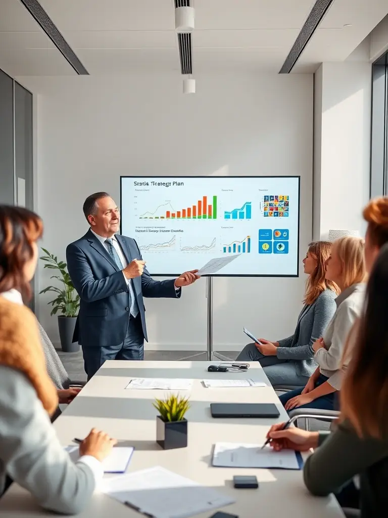 A consultant in a suit, confidently presenting a strategic plan to a team in a modern office setting, emphasizing business strategy consulting.